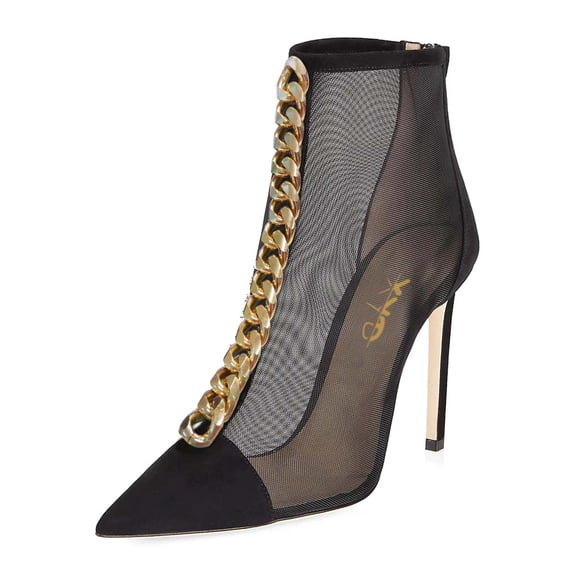 XYD Women Chic Pointy Close Toe Ankle Boots Golden Chain Mesh Stiletto High Heel Back Zip Bootie Dressy Shoes Size 9.5 Black