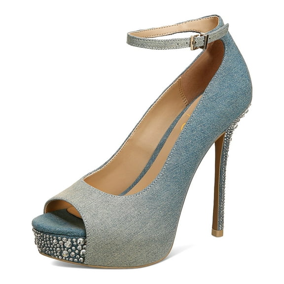 XYD Women Chic Rhinestone Crystals Peep Toe Sandals Platform Stiletto Heels Ankle Strap Buckled Pumps Dressy Shoes Size 13 Gradient Denim