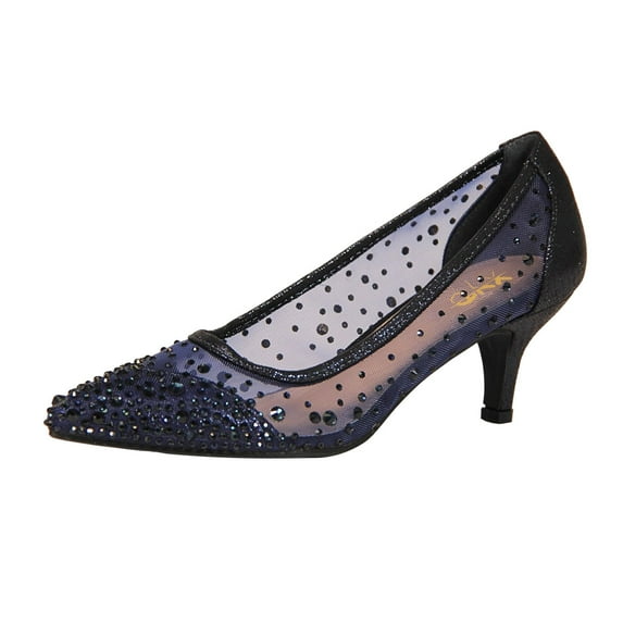 XYD Women Chic Rhinestone Studs Mesh Pumps Pointed Closed Toe Kitten Low Heels Bride Wedding Party Shoes Size 11.5 Navy