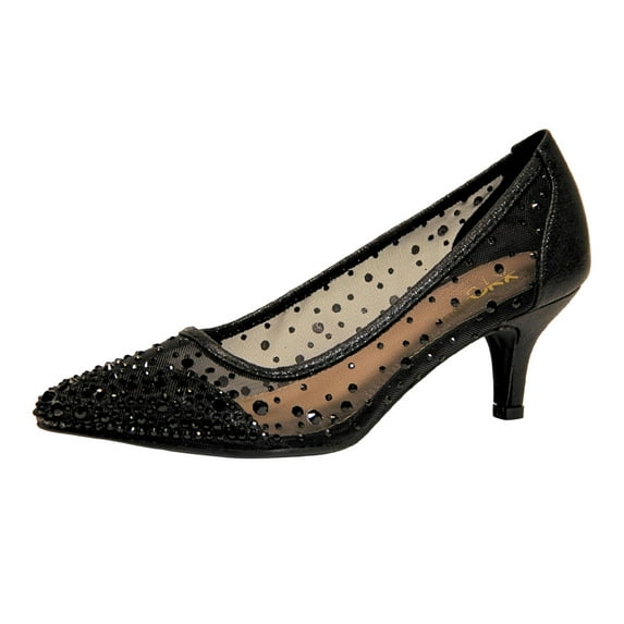 XYD Women Chic Rhinestone Studs Mesh Pumps Pointed Closed Toe Kitten Low Heels Bride Wedding Party Shoes Size 14.5 Black