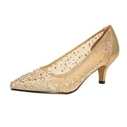 XYD Women Chic Rhinestone Studs Mesh Pumps Pointed Closed Toe Kitten Low Heels Bride Wedding Party Shoes Size 16 Gold