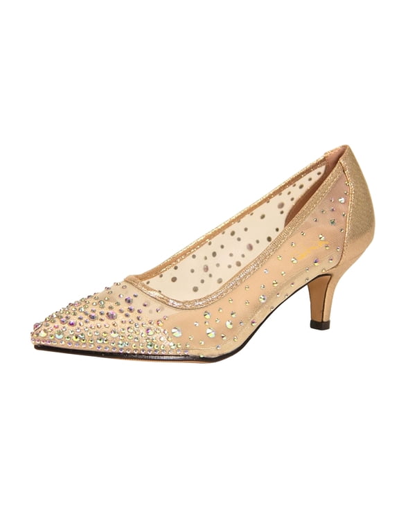 Women Chic Rhinestone Studs Mesh Pumps Pointed Closed Toe Kitten Low Heels Bride Wedding Party Shoes Size 4 Gold