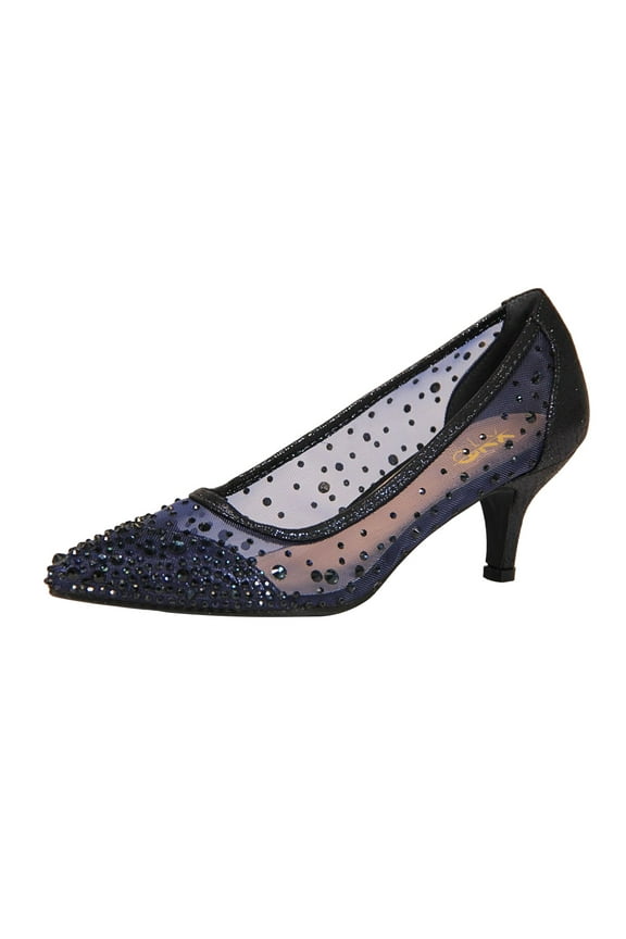 Women Chic Rhinestone Studs Mesh Pumps Pointed Closed Toe Kitten Low Heels Bride Wedding Party Shoes Size 6.5 Navy
