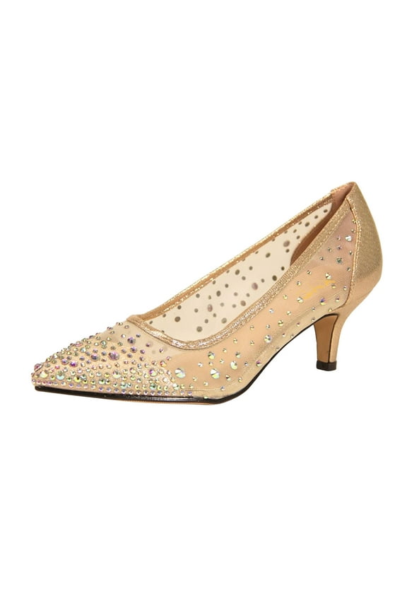 Women Chic Rhinestone Studs Mesh Pumps Pointed Closed Toe Kitten Low Heels Bride Wedding Party Shoes Size 7 Gold