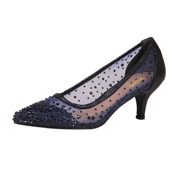 XYD Women Chic Rhinestone Studs Mesh Pumps Pointed Closed Toe Kitten Low Heels Bride Wedding Party Shoes Size 8 Navy