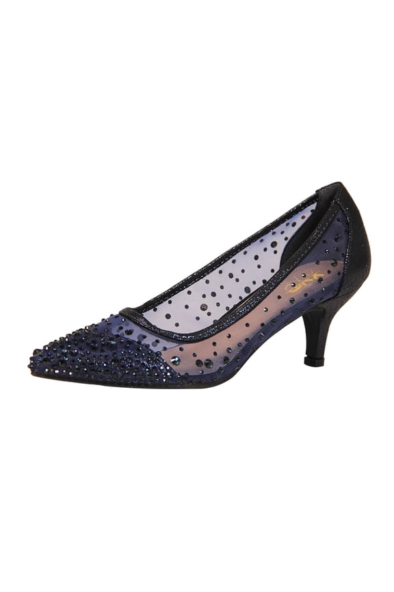Women Chic Rhinestone Studs Mesh Pumps Pointed Closed Toe Kitten Low Heels Bride Wedding Party Shoes Size 9 Navy