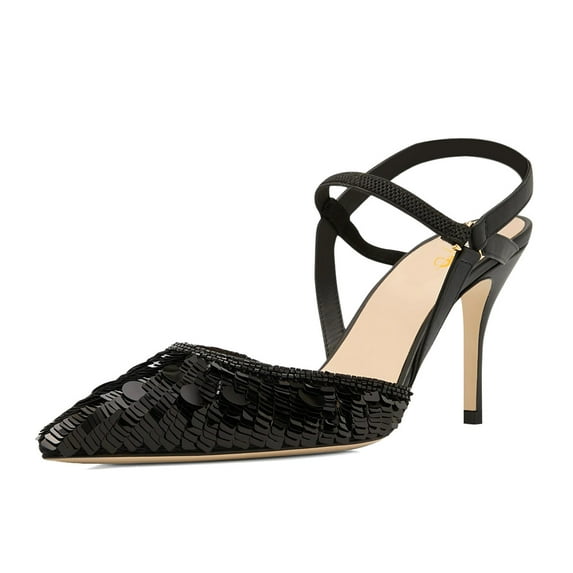 XYD Women Chic Sequins Shoes Ankle Strappy Pointed Toe Sparkle Slingback High Heel Pumps Party Bridal Shoes Size 15.5 Black