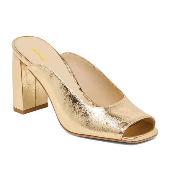 XYD Women Chic Square Peep Toe Mules Slip on Chunky Block High Heels Shopping Daily Dressy Slide Sandals Size 10.5 Gold