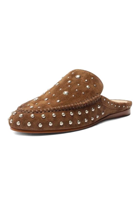 Women Chic Studs Slip On Flat Mules Closed Round Toe Backless Slippers Casual Daily Shoes Size 9.5 Brown