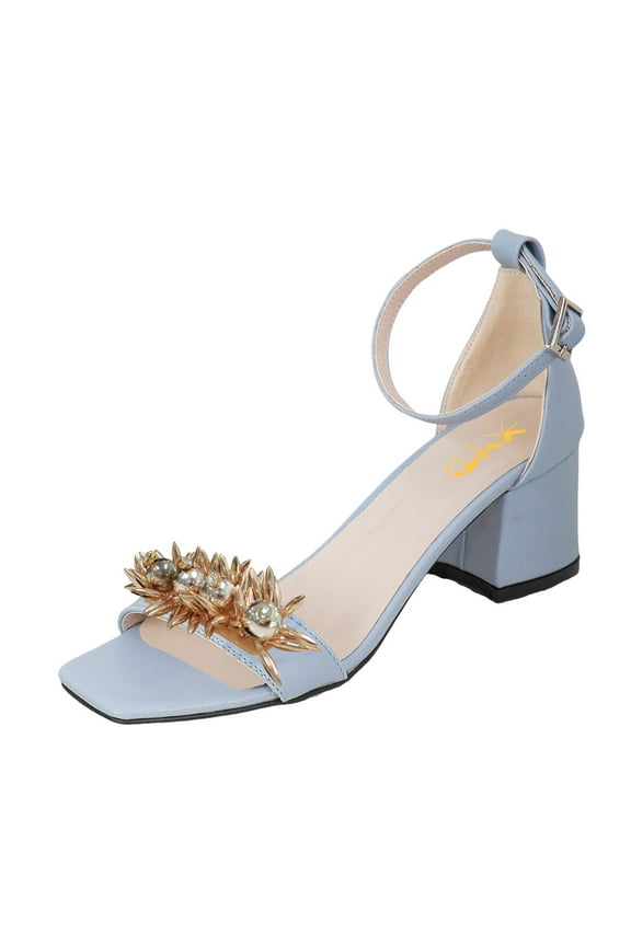 Women Chunky Block Heel Sandals Spike Crystal Open Toe Ankle Strap Buckled Pumps Casual Dressy Shoes Size 10 Blue