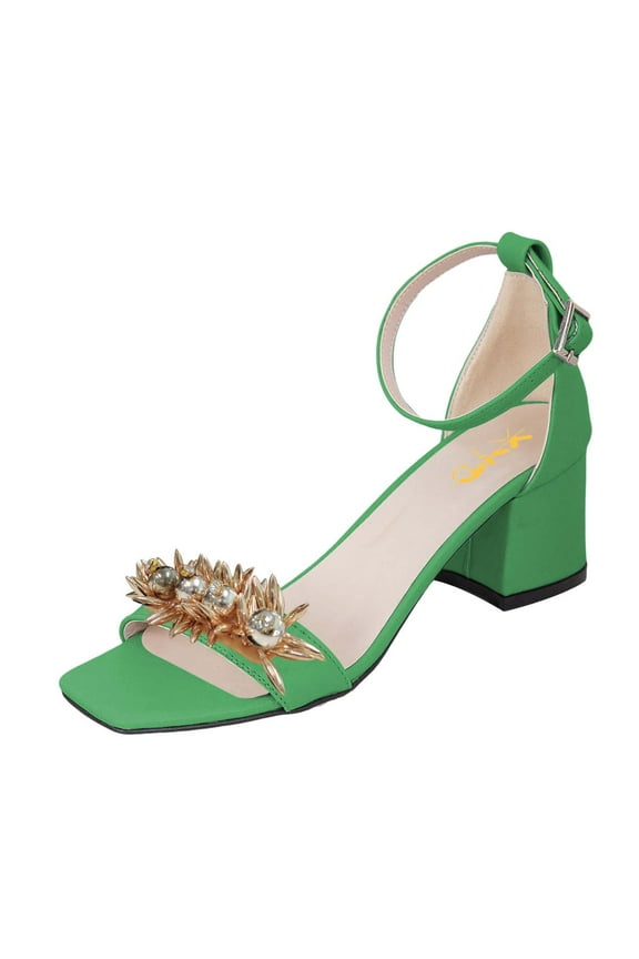 Women Chunky Block Heel Sandals Spike Crystal Open Toe Ankle Strap Buckled Pumps Casual Dressy Shoes Size 4 Green