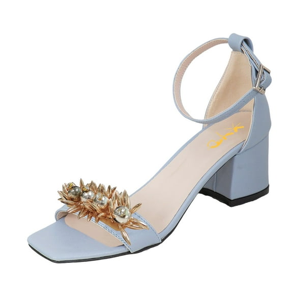 XYD Women Chunky Block Heel Sandals Spike Crystal Open Toe Ankle Strap Buckled Pumps Casual Dressy Shoes Size 9 Blue
