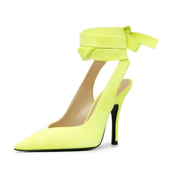 XYD Women Classic Ankle Wrap Lace Up Pumps Thin High Heel Pointed Closed Toe Stiletto Sandals Party Dressy Shoes Size 14.5 Lemon Yellow