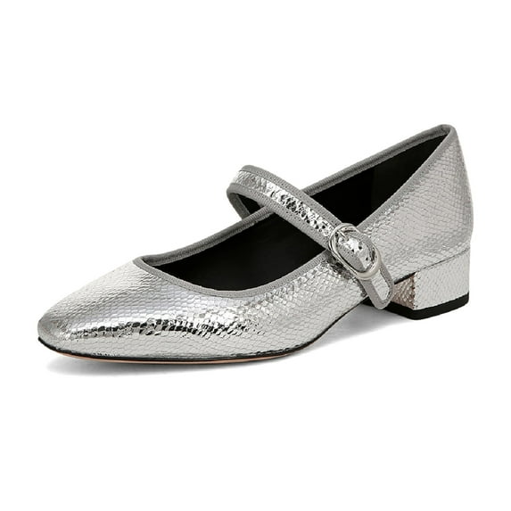 XYD Women Classic Chunky Low Heel Mary Jane Square Closed Toe Buckled Single Strap Pumps Daily Comfy Shoes Size 14.5 Silver