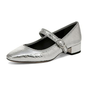 XYD Women Classic Chunky Low Heel Mary Jane Square Closed Toe Buckled Single Strap Pumps Daily Comfy Shoes Size 14 Silver
