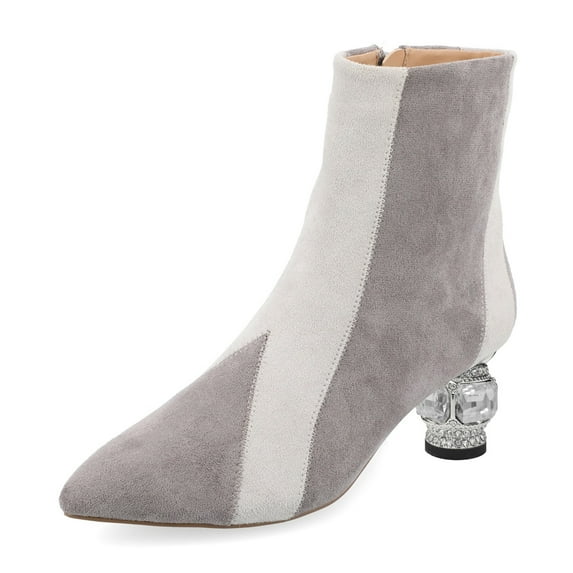 XYD Women Classic Crystal Block Low Heel Short Booties Pointy Closed Toe Side Zip Ankle Boots Fashion Dress Shoes Size 12 Gray White