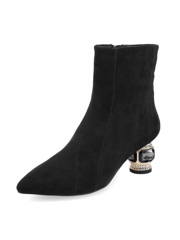 Women Classic Crystal Block Low Heel Short Booties Pointy Closed Toe Side Zip Ankle Boots Fashion Dress Shoes Size 6 Black