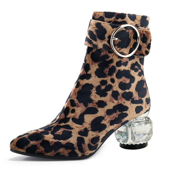 XYD Women Classic Crystal Chunky Low Heel Ankle Boots Almond Closed Toe Side Zip Booties Circle Buckle Dress Shoes Size 14.5 Leopard