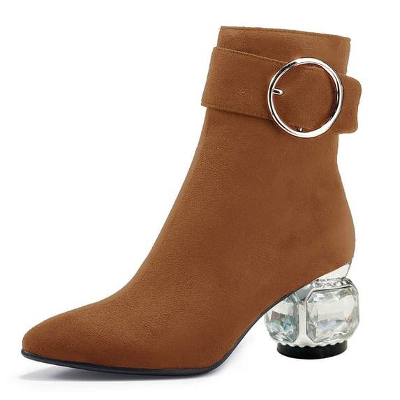XYD Women Classic Crystal Chunky Low Heel Ankle Boots Almond Closed Toe Side Zip Booties Circle Buckle Dress Shoes Size 15 Brown