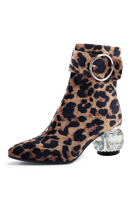 Women Classic Crystal Chunky Low Heel Ankle Boots Almond Closed Toe Side Zip Booties Circle Buckle Dress Shoes Size 8 Leopard