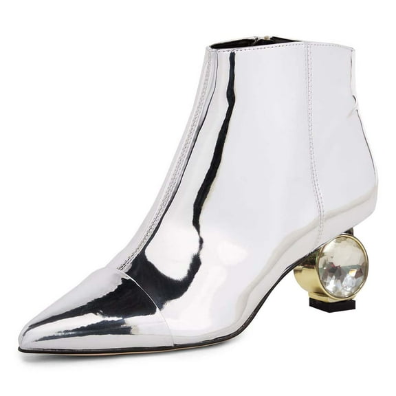 XYD Women Classic Crystal Low Heel Ankle Boots Pointed Closed Toe Side Zipper Short Booties Party Fashion Shoes Size 11.5 Silver