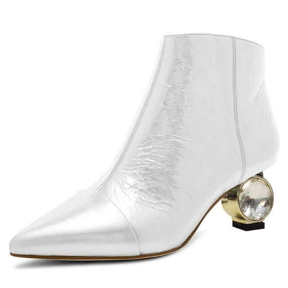 XYD Women Classic Crystal Low Heel Ankle Boots Pointed Closed Toe Side Zipper Short Booties Party Fashion Shoes Size 6.5 Silver White