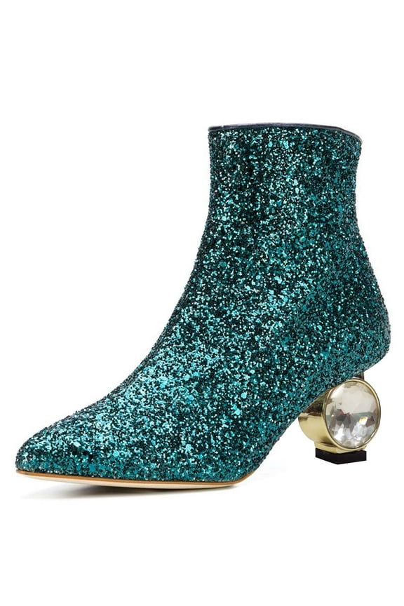 Women Classic Crystal Low Heel Ankle Boots Pointed Closed Toe Side Zipper Short Booties Party Fashion Shoes Size 9 Cyan Glitter