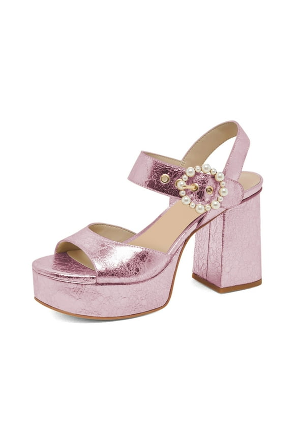 Women Classic Pearl Buckle Ankle Strap Sandals Round Open Toe Chunky High Heels Platform Evening Bridals Shoes Size 5.5 Pink