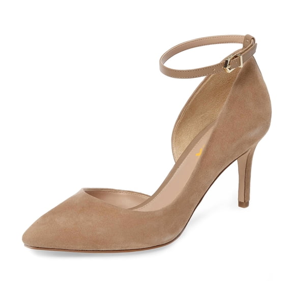 XYD Women Classic Pointed Closed Toe D'Orsay Mid Heel Pumps Ankle Strap Buckled Office Event Dress Shoes Size 6 Camel