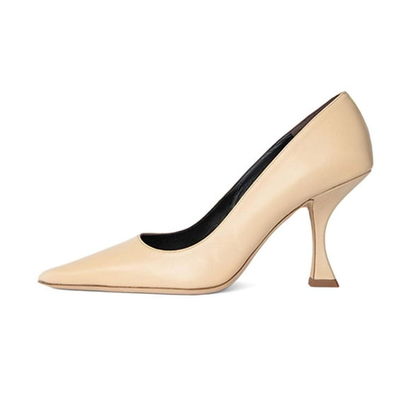 XYD Women Classic Pointed Closed Toe Pumps Mid High Flared Heels Slip On Office Lady Party Dressy Shoes Size 4 Beige