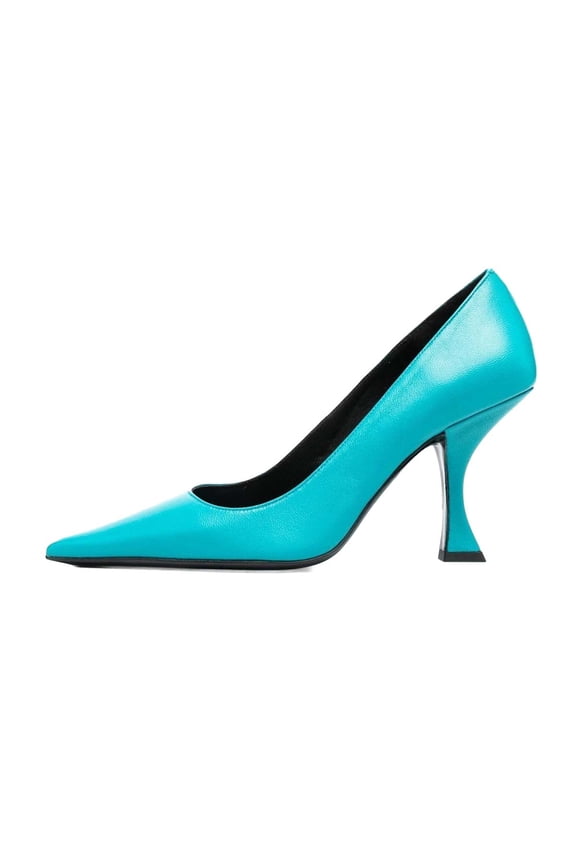 Women Classic Pointed Closed Toe Pumps Mid High Flared Heels Slip On Office Lady Party Dressy Shoes Size 7.5 Blue