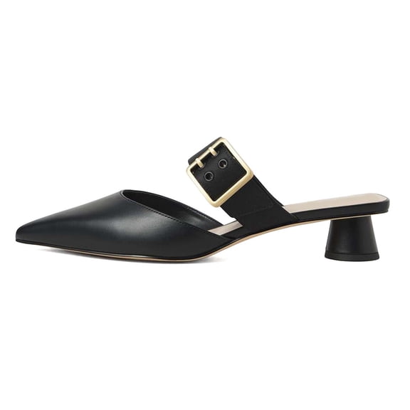 XYD Women Classic Pointed Toe Mules Adjustable Strap Buckle Chunky Low Heels Dress Party Shopping Shoes Size 15 Black