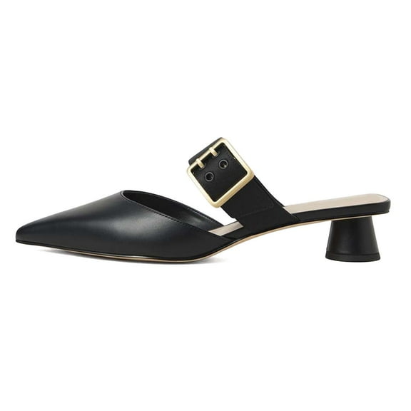 XYD Women Classic Pointed Toe Mules Adjustable Strap Buckle Chunky Low Heels Dress Party Shopping Shoes Size 9 Black