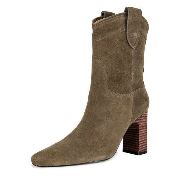 XYD Women Classic Pull On Mid Calf Boots Almond Closed Toe Cork Block Chunky Heels Booties Casual Dressy Shoes Size 4.5 Brown