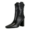 thumbnail image 1 of XYD Women Classic Pull On Mid Calf Boots Almond Closed Toe Cork Block Chunky Heels Booties Casual Dressy Shoes Size 6 Black, 1 of 4