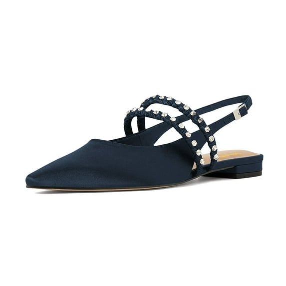 XYD Women Classic Rhinestone Dual Straps Satin Flats Closed Pointed Toe Studded Slingback Sandals Dating Shoes Size 7 Navy
