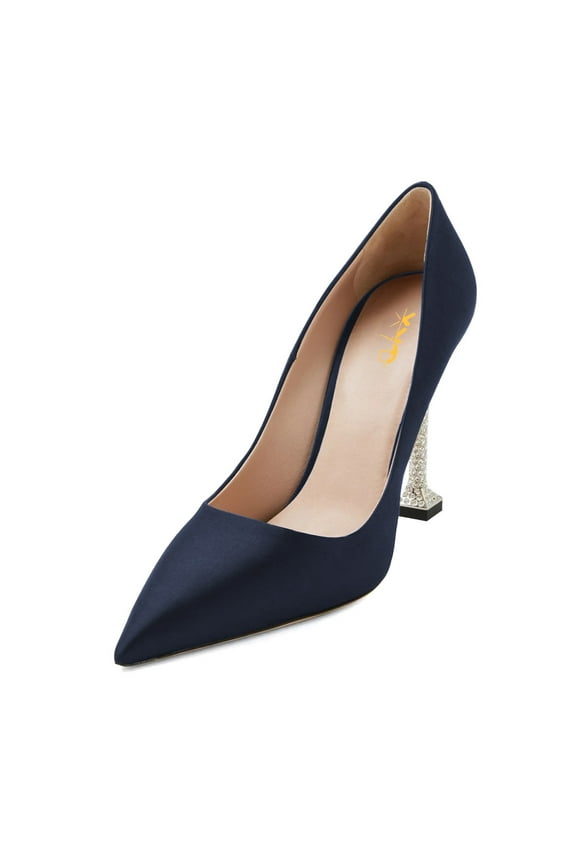 Women Classic Rhinestone Studded Stiletto High Heel Pumps Slip On Pointed Closed Toe Satin Elegant Parties Shoes Size 5 Navy