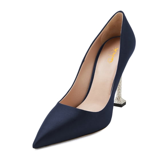 XYD Women Classic Rhinestone Studded Stiletto High Heel Pumps Slip On Pointed Closed Toe Satin Elegant Parties Shoes Size 7 Navy