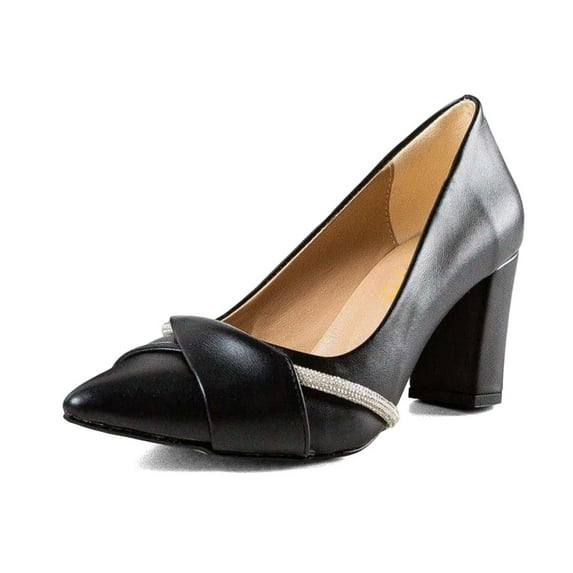XYD Women Rhinestones Slip On Pointy Closed Toe Pumps Chunky High Heel Wedding Party Casual Shoes Size 12 Black Leather