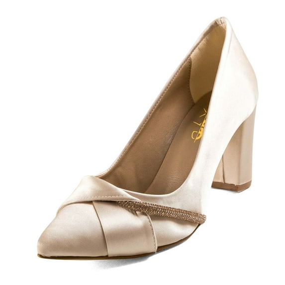 XYD Women Rhinestones Slip On Pointy Closed Toe Pumps Chunky High Heel Wedding Party Casual Shoes Size 16 Champagne