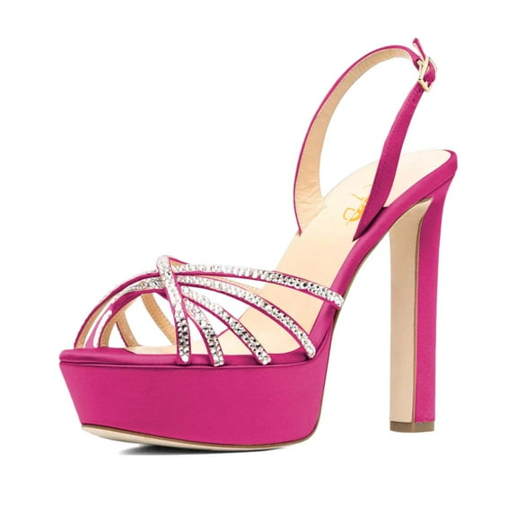 XYD Women Classic Round Open Toe Platform Sandal Rhinestone Cross Strap Chunky High Heel Party Slingback Shoes Size 16 Deep Pink