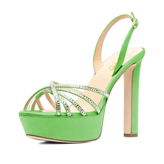 XYD Women Classic Round Open Toe Platform Sandal Rhinestone Cross Strap Chunky High Heel Party Slingback Shoes Size 7.5 Green