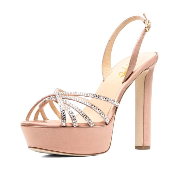 XYD Women Classic Round Open Toe Platform Sandal Rhinestone Cross Strap Chunky High Heel Party Slingback Shoes Size 9 Pink