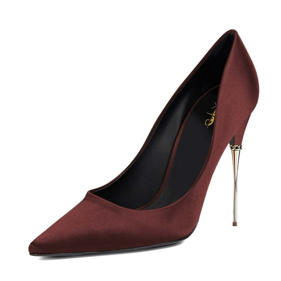 XYD Women Classic Slip On Pumps Stiletto Metal High Heels Pointy Closed Toe Formal Party Satin Shoes Size 10.5 Red