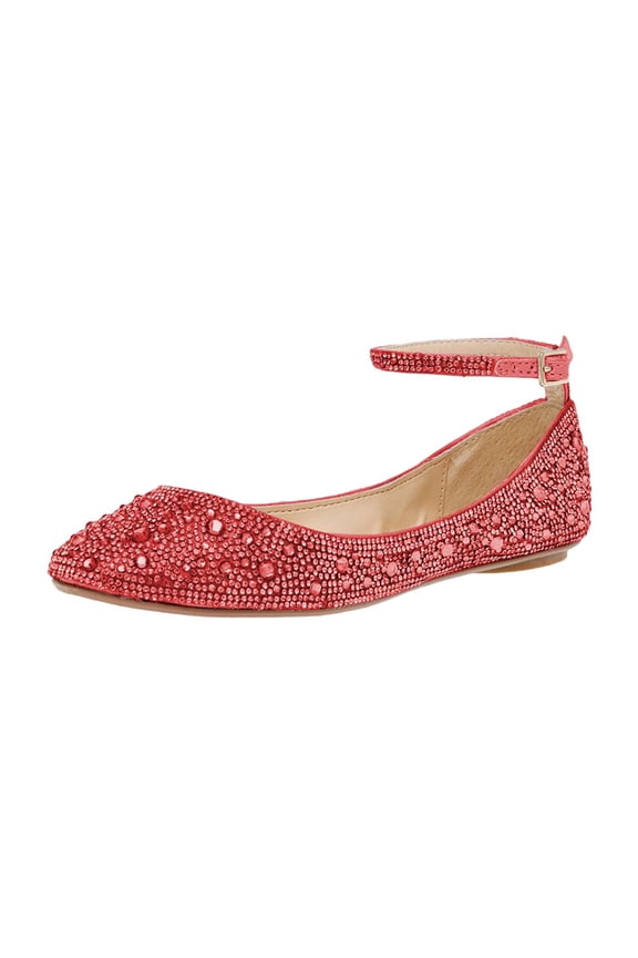 Women Classic Sparkle Rhinestones Adjustable Ankle Strap Ballet Studded Round Closed Toe Wedding Flats Shoes Size 12 Red