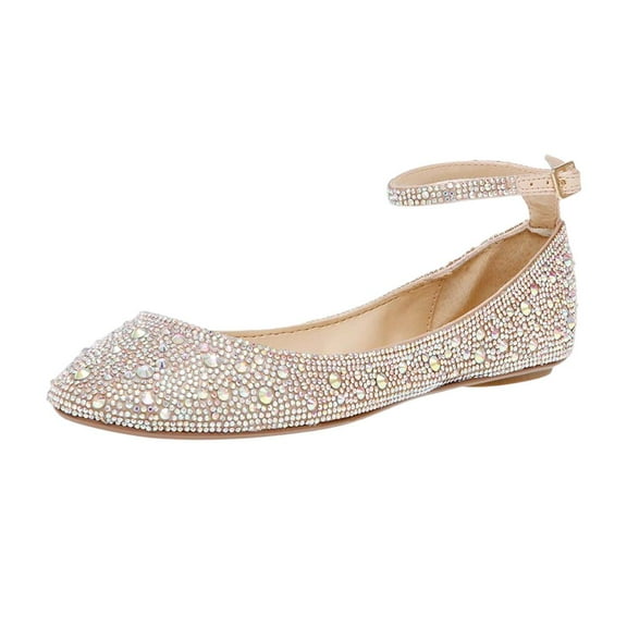 XYD Women Classic Sparkle Rhinestones Adjustable Ankle Strap Ballet Studded Round Closed Toe Wedding Flats Shoes Size 14 Light Pink