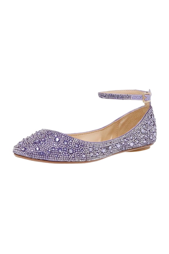 Women Classic Sparkle Rhinestones Adjustable Ankle Strap Ballet Studded Round Closed Toe Wedding Flats Shoes Size 14 Purple