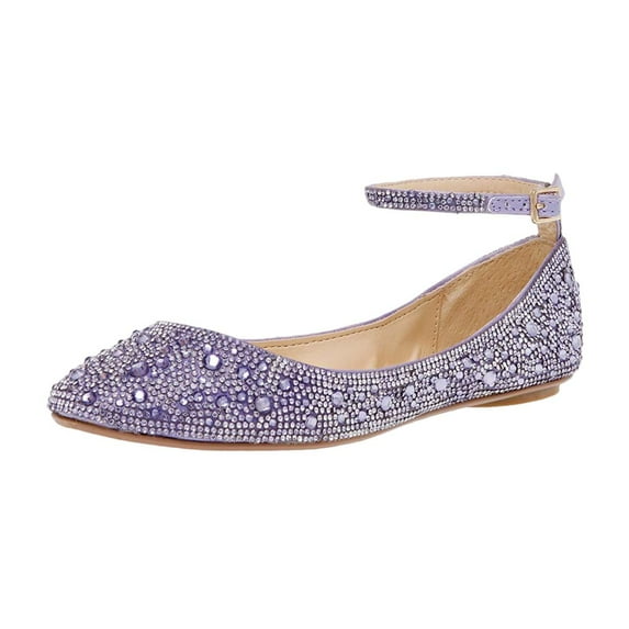 XYD Women Classic Sparkle Rhinestones Adjustable Ankle Strap Ballet Studded Round Closed Toe Wedding Flats Shoes Size 7.5 Purple