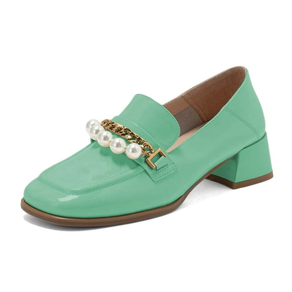 XYD Women Classic Square Closed Toe Golden Chain Pearl Loafer Chunky Low Heel Office Walking Comfy Shoes Size 10.5 Green