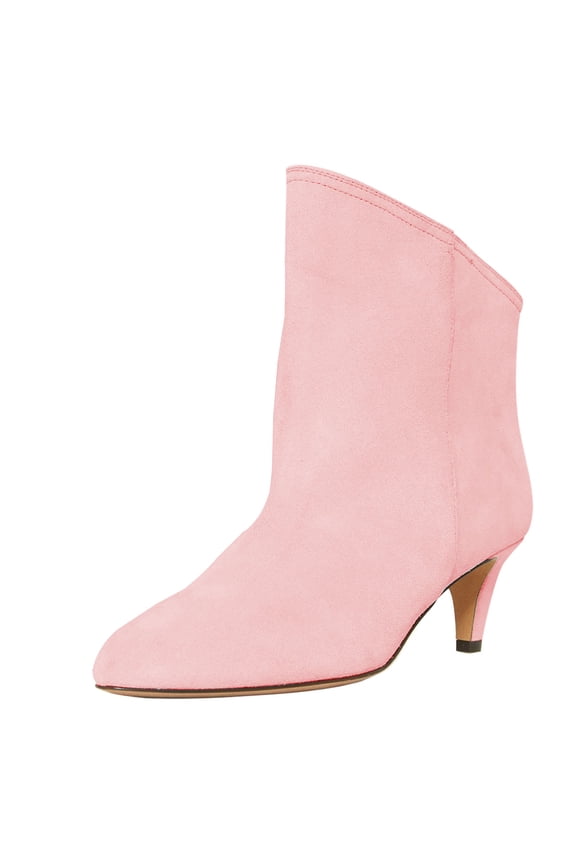 Women Classical Low Kitten Heel Pull On Short Bootie Closed Pointy Toe Ankle Boots Dressy Daily Graceful Shoes Size 10.5 Pink
